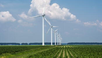 Imagem de alguns cataventos em umas plantações para simbolizar a energia eólica